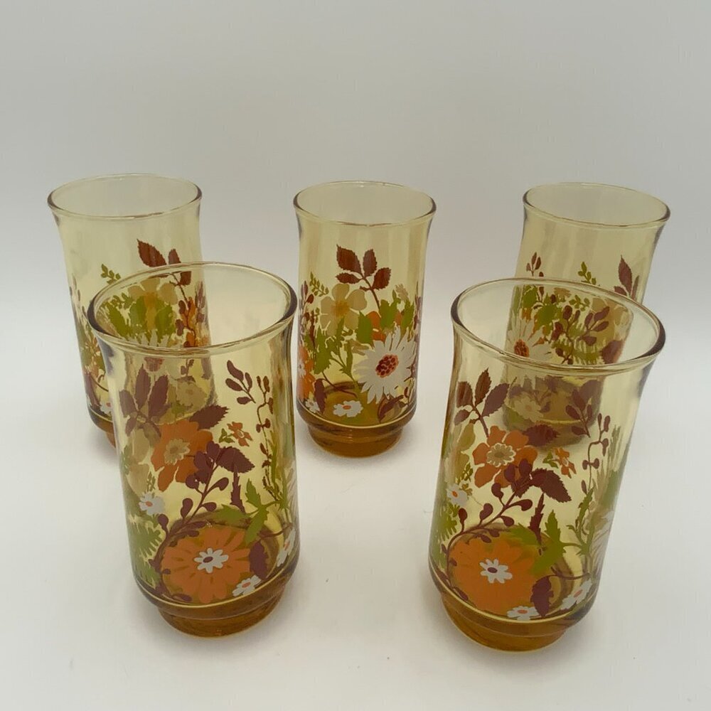 Set of 5 Vintage Libbey Daisy Amber Floral 10oz Glasses 5¼" Tall 1970's - Picture 4 of 6